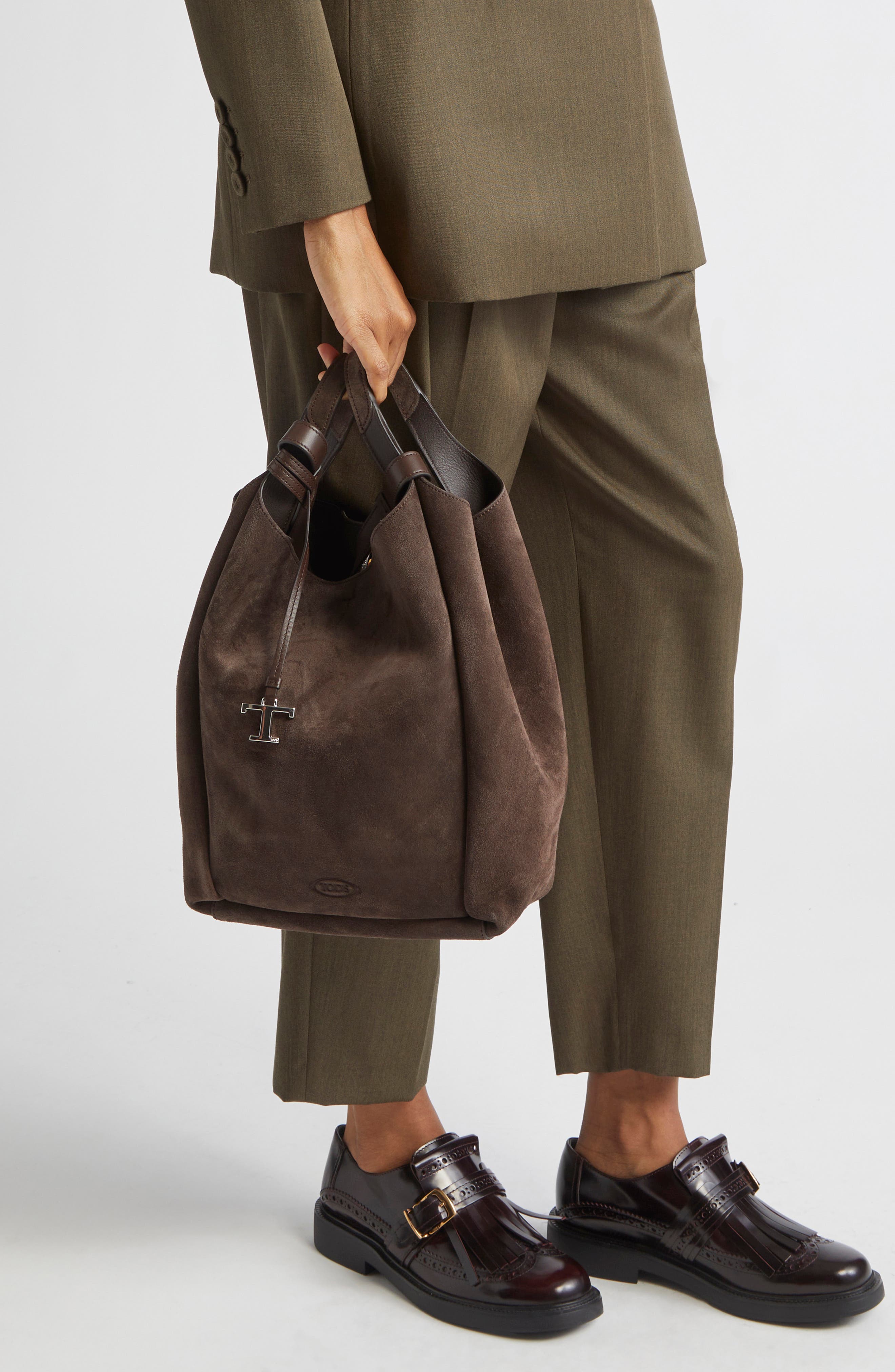 Tod's Medium Api Suede Bucket Bag, Alternate, color, T.moro/ Marrone Africa