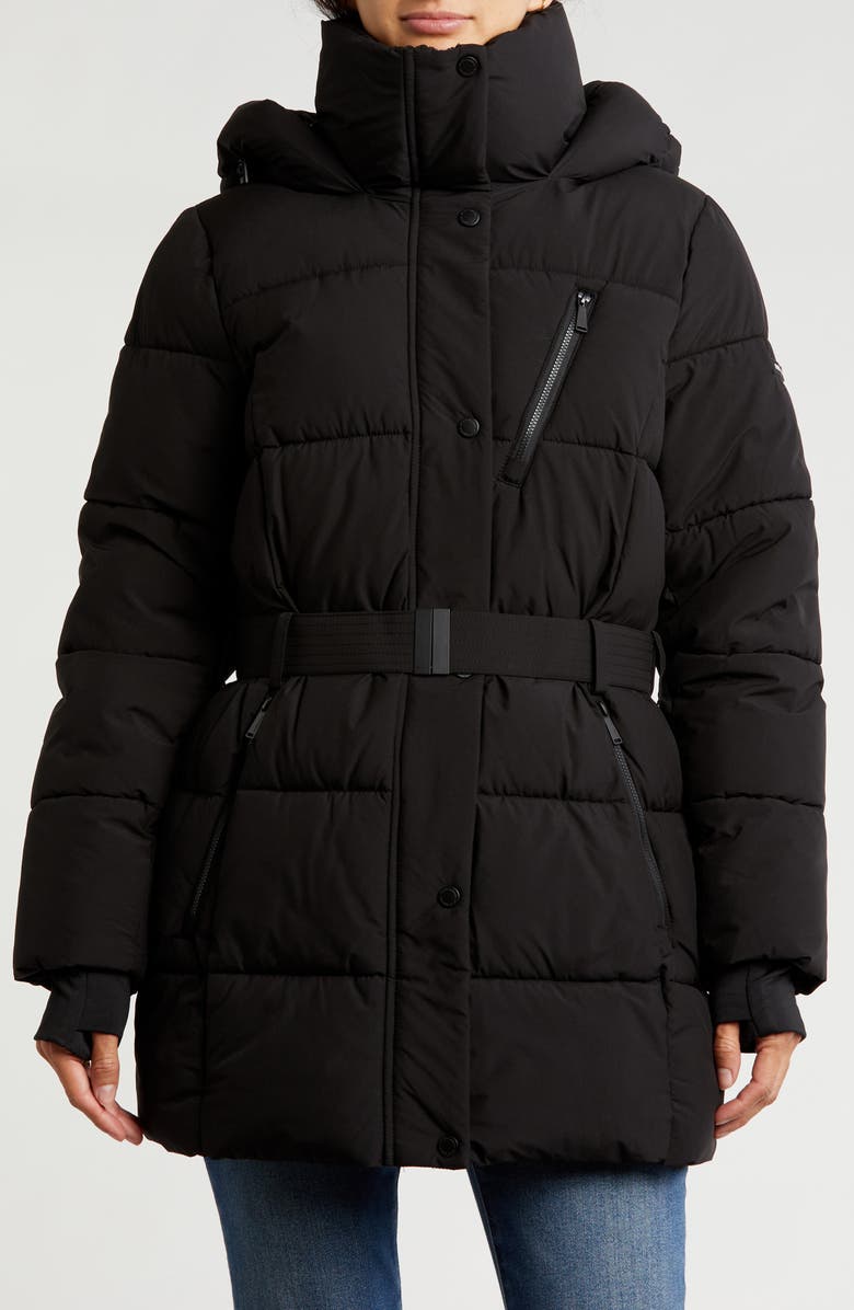 BCBGeneration Water Resistant Hooded Belted Puffer Jacket, Main, color, 