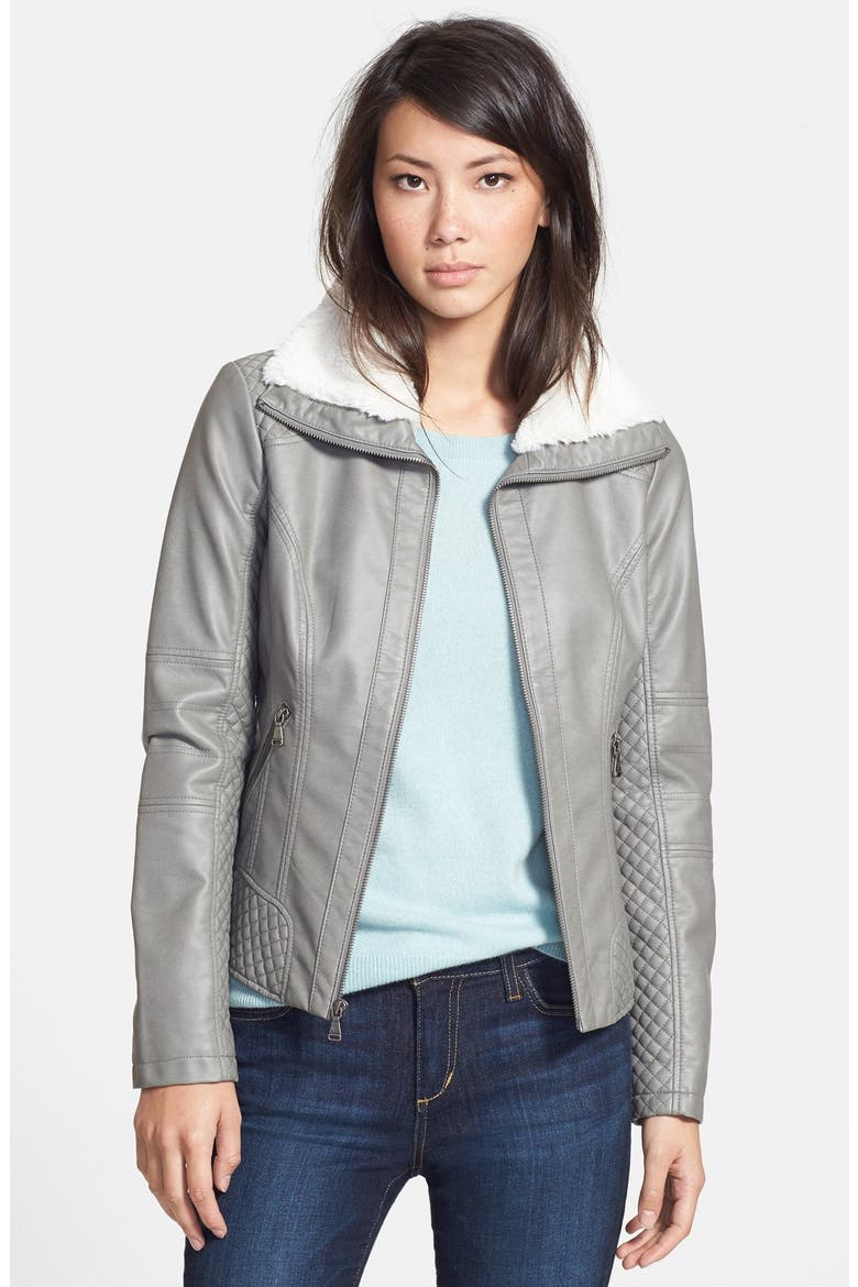 Faux Shearling Trim Faux Leather Jacket, Main, color, STEEL GREY