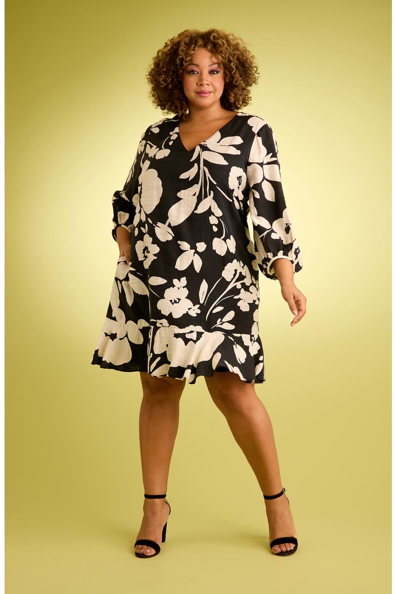 Floral Short Sleeve Flounce Hem Shift Dress, Alternate, color, BLACK IVORY