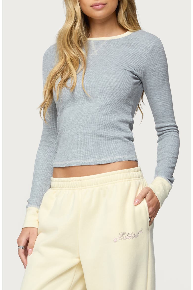 Rora Contrast Trim Crop Cotton Blend Waffle Top, Alternate, color, GRAY-MELANGE