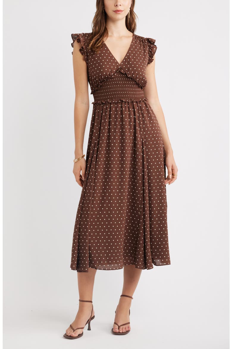 Smocked Chiffon Midi Dress, Main, color, BROWN- IVORY KATE DOT