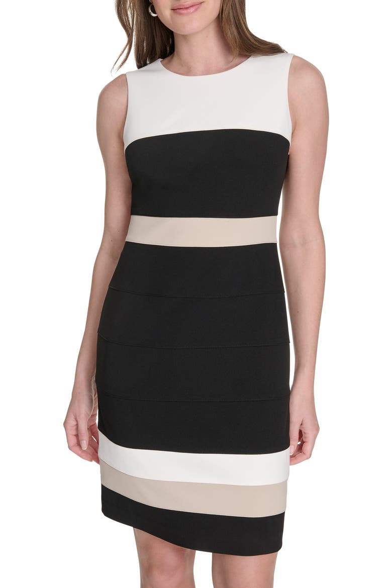 Sleeveless Colorblock Scuba Sheath Dress, Alternate, color, IVORY.BLACK.KHAKI