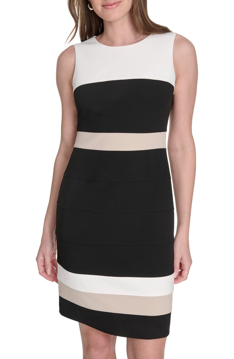 Tommy Hilfiger Sleeveless Colorblock Scuba Sheath Dress, Alternate, color, Ivory.black.khaki