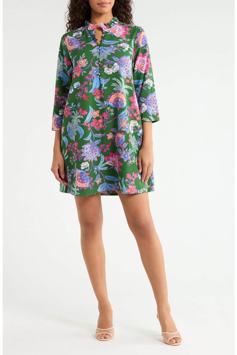 Elara Floral Ruelle Ruffle Neck Minidress, Main, color, EMERALD-MULTI
