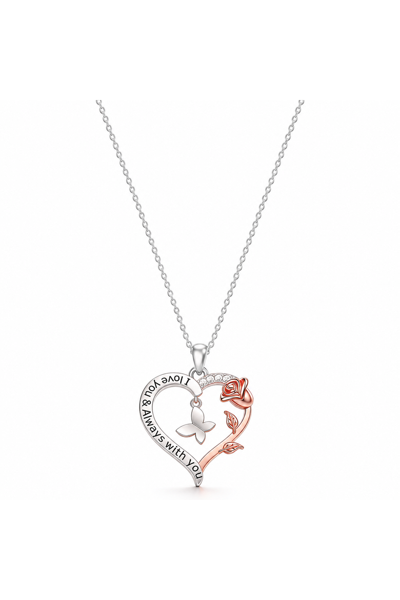 Two Tone Butterfly And Heart Necklace, Main, color, Silver