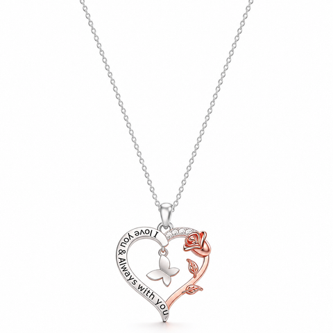 Two Tone Butterfly And Heart Necklace