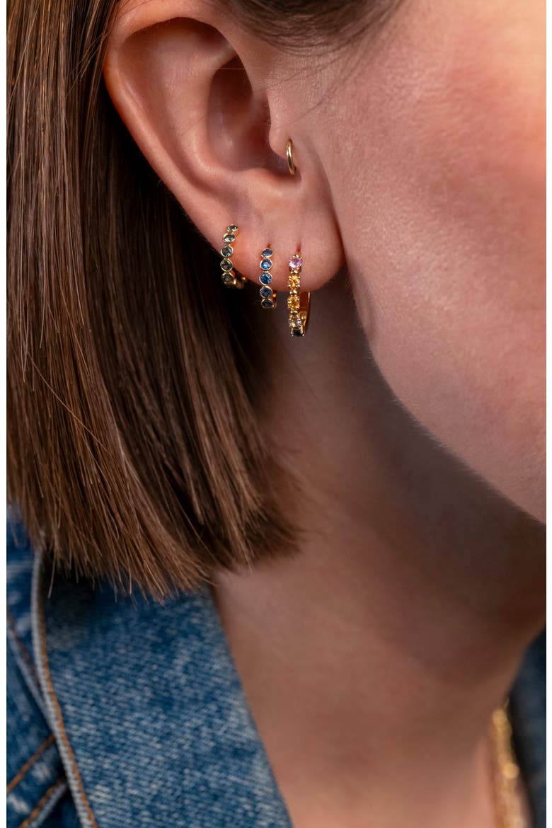 18K Gold Modern Bezel Green Sapphire Hoop Earrings, Alternate, color, 18K YELLOW GOLD