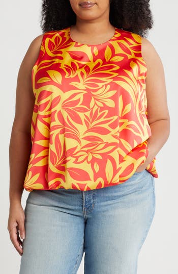 Renee C Print Bubble Hem Satin Top In Orange