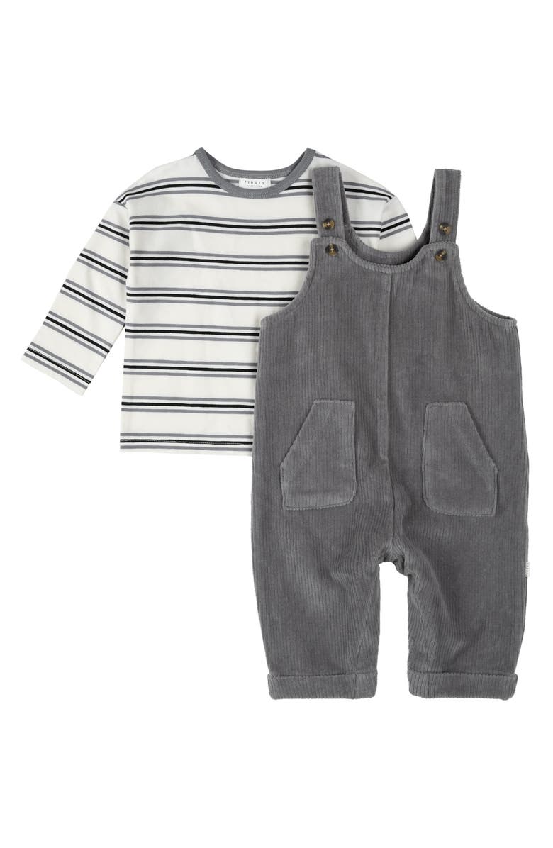FIRSTS by Petit Lem Long Sleeve Top & Corduroy Overalls Set, Main, color, Medium Grey