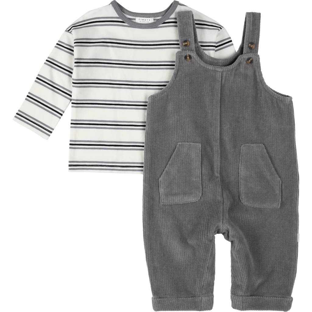 Firsts By Petit Lem Long Sleeve Top & Corduroy Overalls Set In Gray