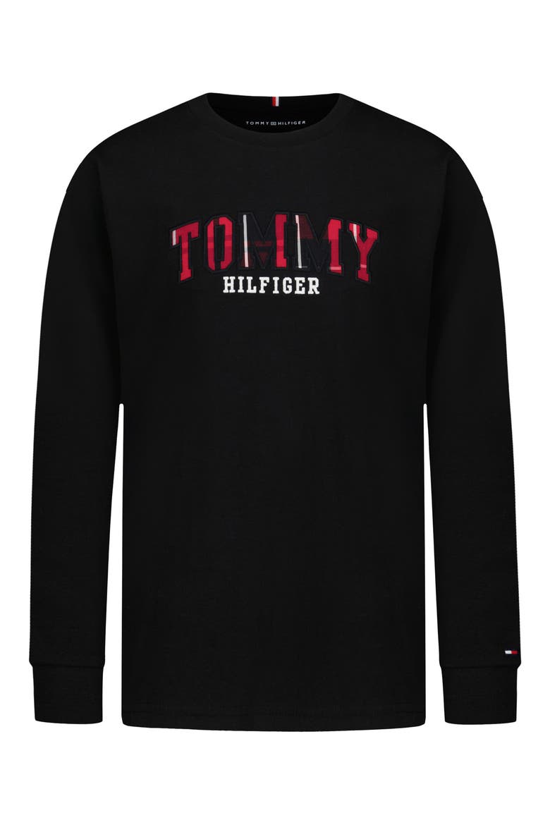 Kids' Plaid Logo Long Sleeve T-Shirt, Main, color, BLACK