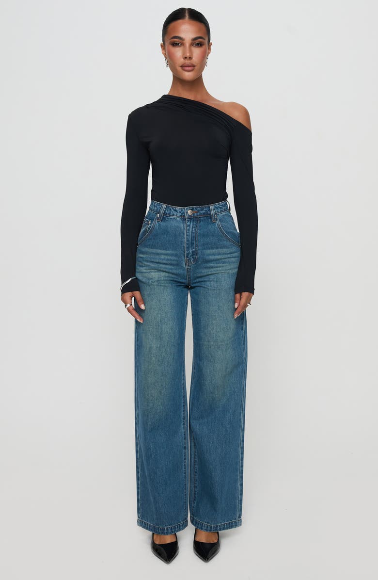 Princess Polly Antilles One-Shoulder Long Sleeve Bodysuit, Alternate, color, Black