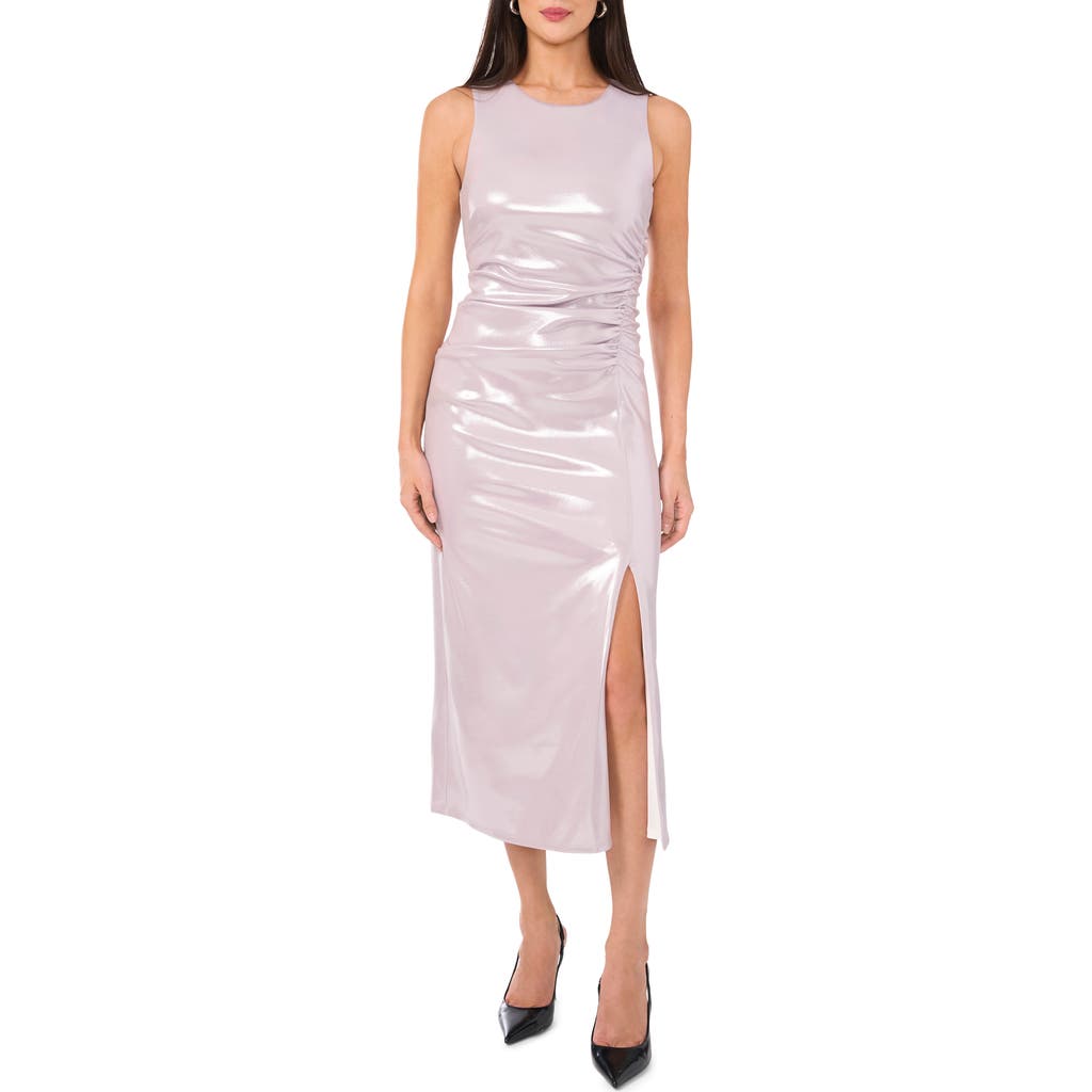 1.STATE Shimmer Ruched Sleeveless Dress in Platinum