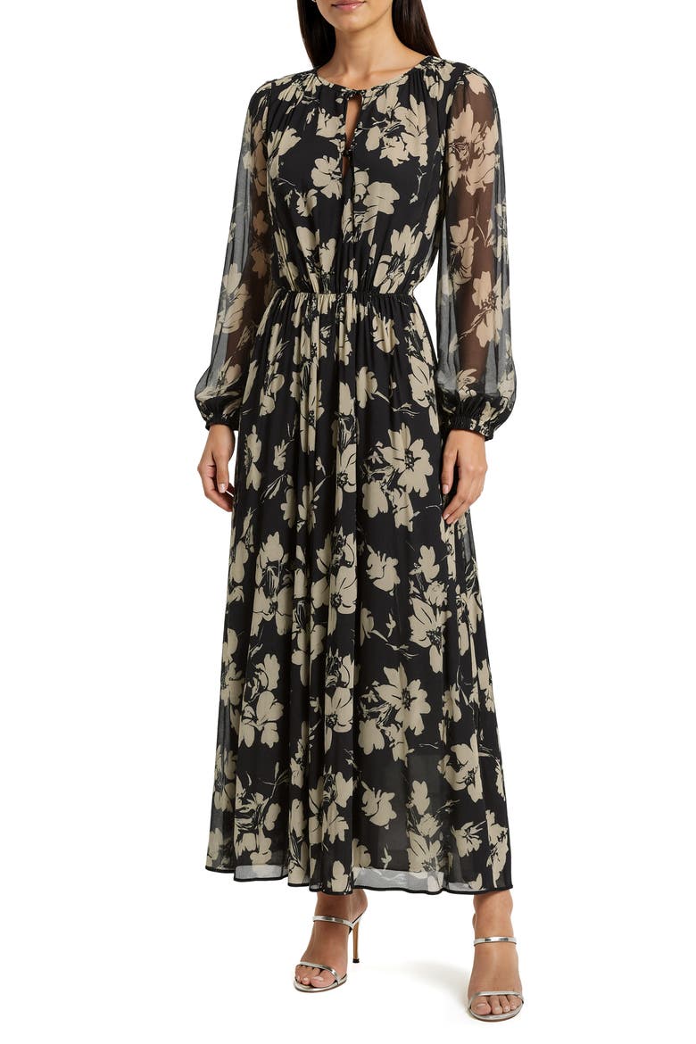 Floral Long Sleeve Maxi Dress, Main, color, BLACK CREAM FLORAL