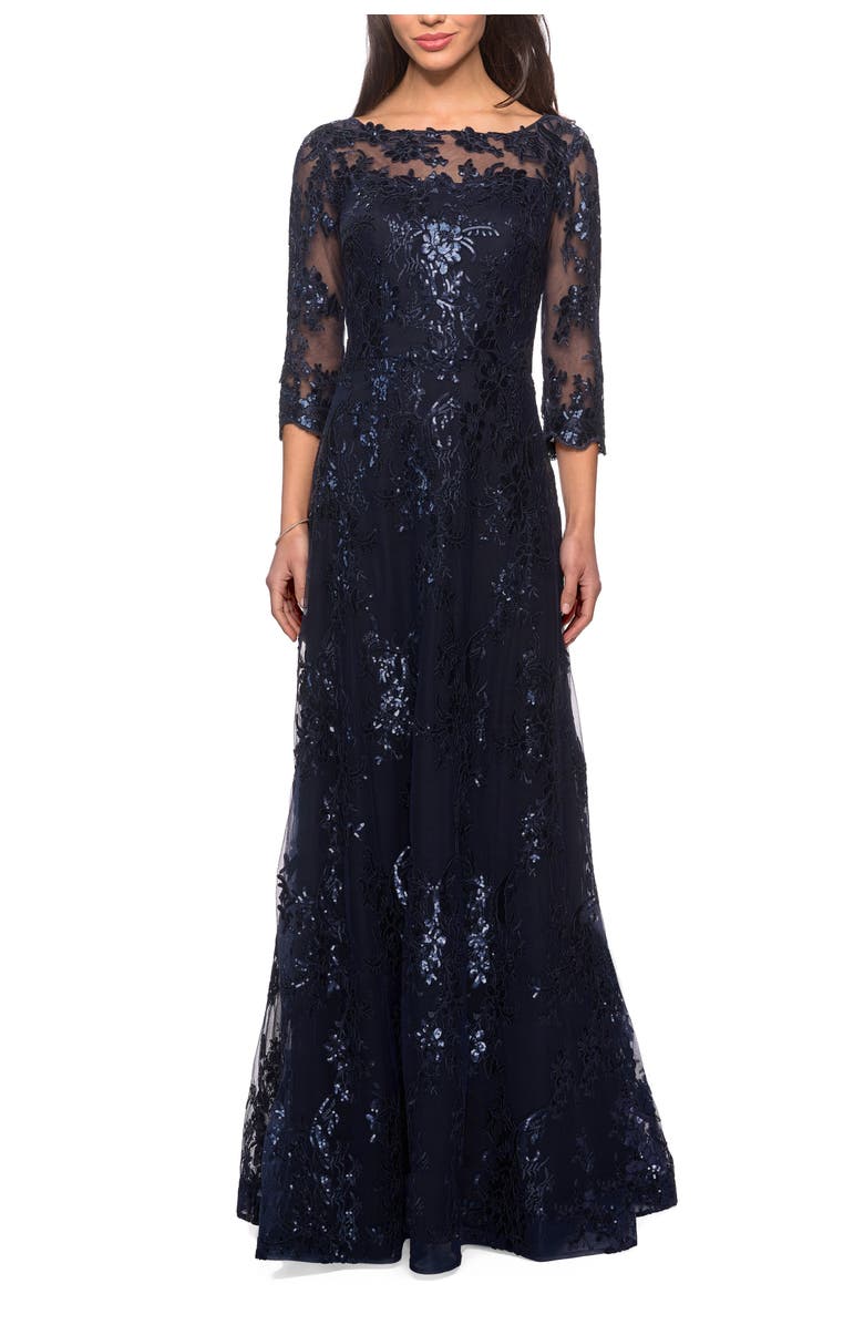 La Femme Long Lace Dress with Sequins and Sheer 3/4 Sleeves, Main, color, Navy
