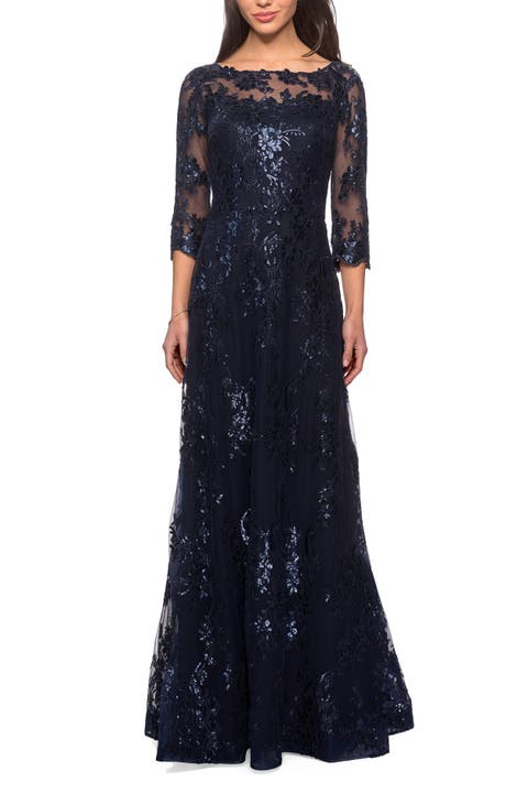 Long Lace Dress with Sequins and Sheer 3/4 Sleeves