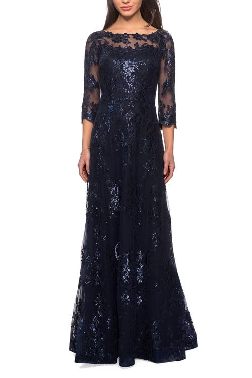 La Femme Long Lace Dress With Sequins And Sheer 3/4 Sleeves In Navy