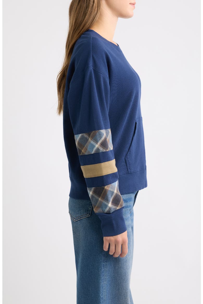 Plaid Sleeve Crewneck Sweatshirt, Alternate, color, NAVY
