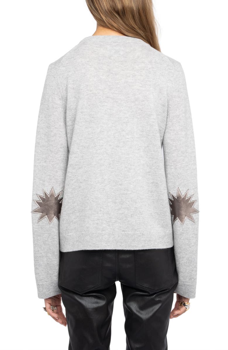Zadig & Voltaire Cera Wool & Cashmere Sweater with Leather Elbow Patches, Alternate, color, Light Grey