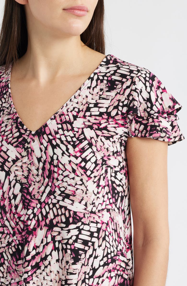 AK ANNE KLEIN Floral Print Flutter Sleeve Dress, Alternate, color, Pink Berry Multi