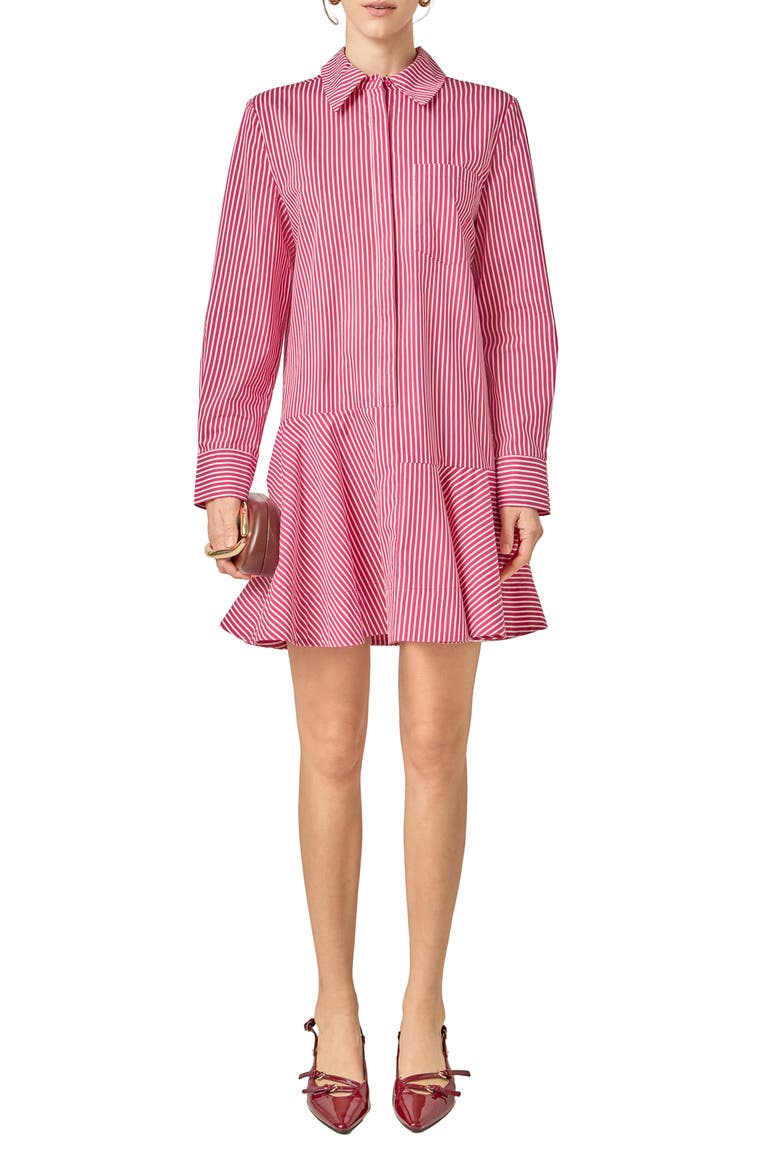 Stripe Ruffle Hem Long Sleeve Shirtdress, Main, color, BURGUNDY