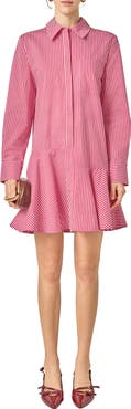 English Factory Stripe Ruffle Hem Long Sleeve Shirtdress