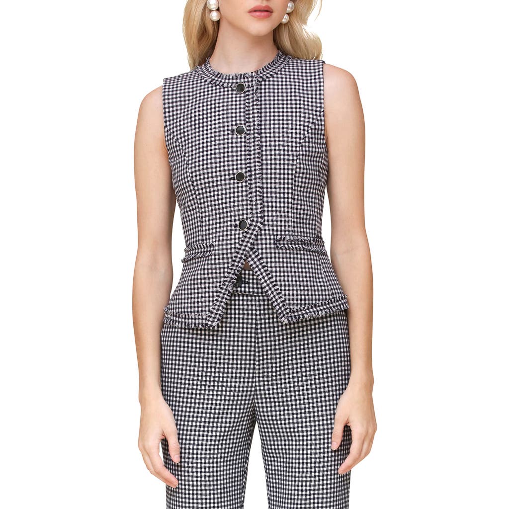Avec Les Filles Gingham Fringe Vest In Dark Navy White