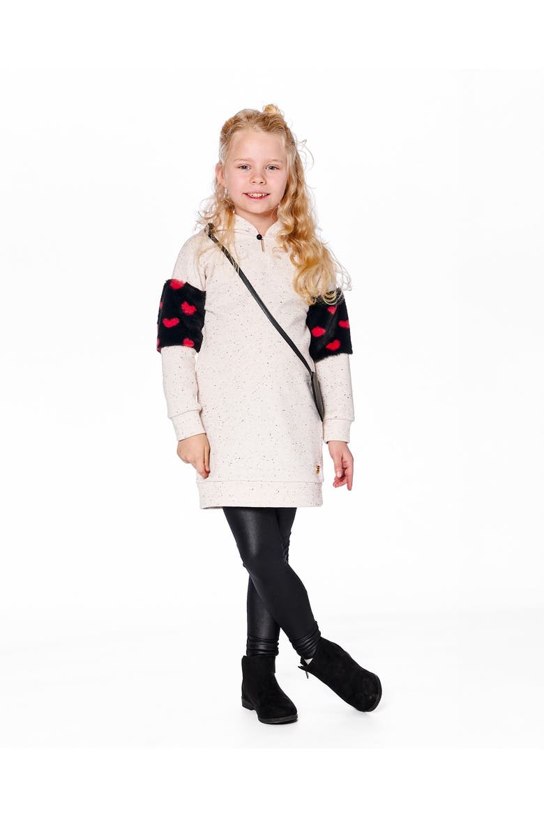 Hooded Glittering French Terry Dress with Heart Bag, Alternate, color, Beige and Black