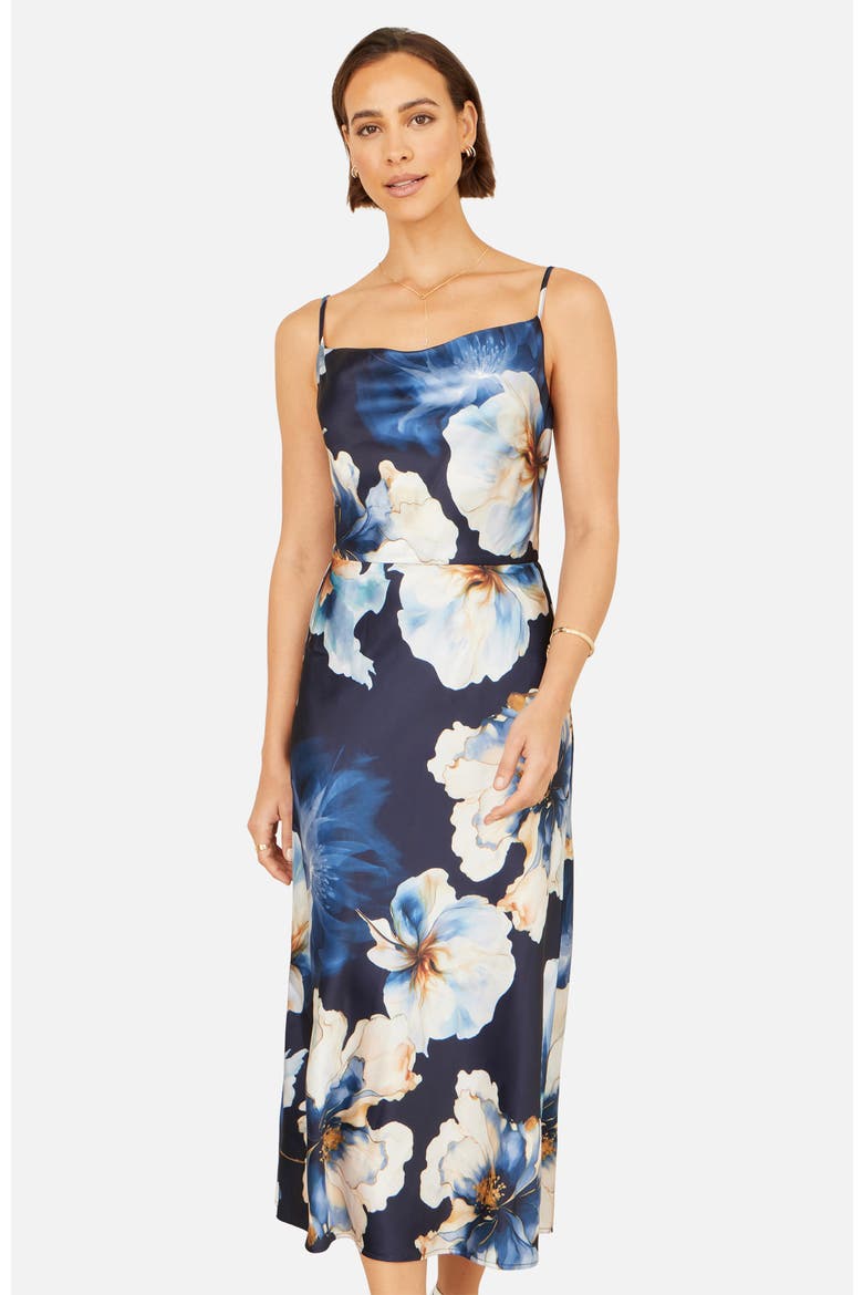 Cowl Neck Satin Floral Dress, Alternate, color, Navy