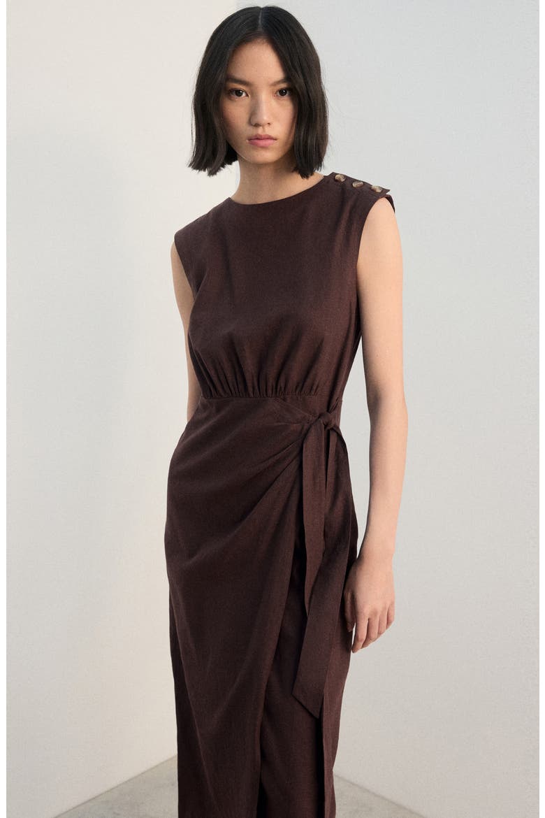 Linen Blend Midi Dress, Alternate, color, CHOCOLATE