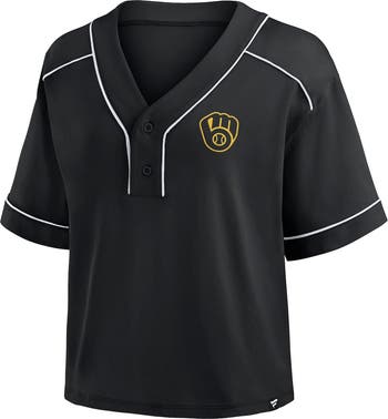 売れ筋商品|||ファナティクス Tシャツ トップス レディース Women's Black Milwaukee Brewers Oversized Champ Game Midi Cropped V-Neck T-Shirt Black FANATICS Women's Fanatics Black Milwaukee Brewers Oversized