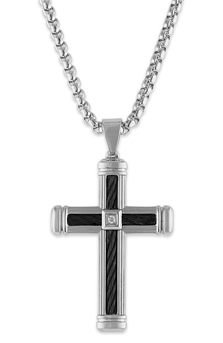 Esquire Men's Two-Tone Stainless Steel Diamond Cross Pendant Necklace, Main, color, Stainless Steel