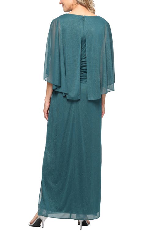 Sl Fashions Long Column Dress With Cold Shoulder Capelet In Green