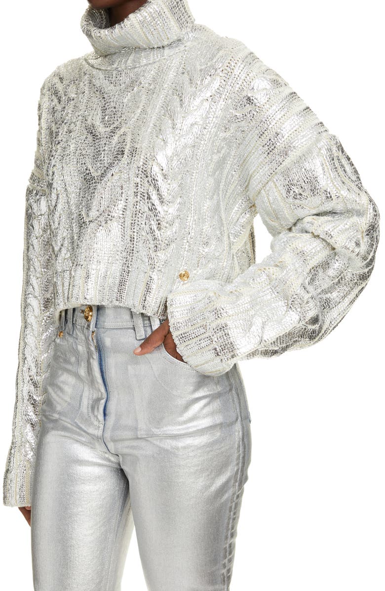 Balmain Metallic Cable Knit Crop Virgin Wool Blend Turtleneck Sweater, Alternate, color, 