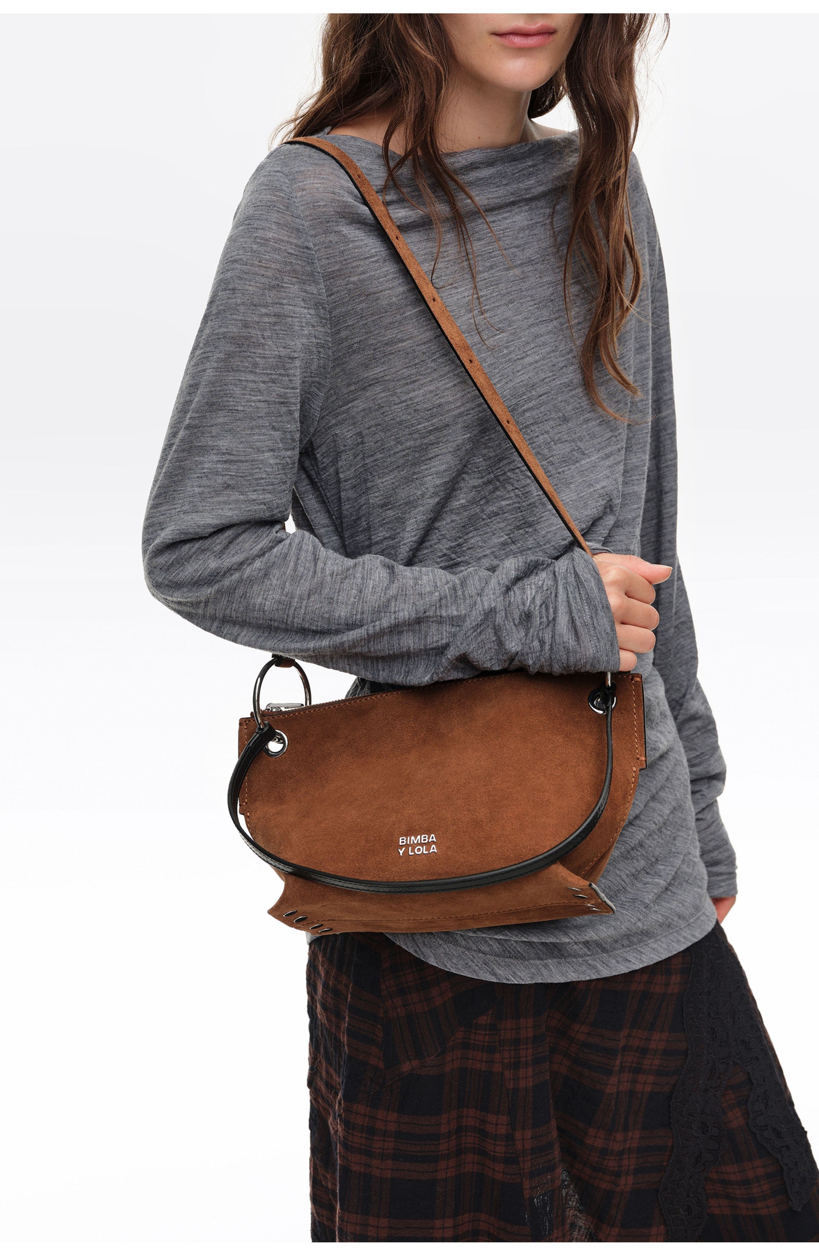 Medium Suede Trapecio Bag, Alternate, color, TOBACCO