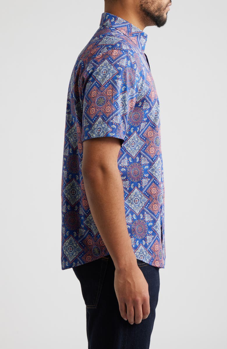 Johnston & Murphy Logan Geo Print Short Sleeve Cotton Blend Button-Up Shirt, Alternate, color, Navy / Red Bandana
