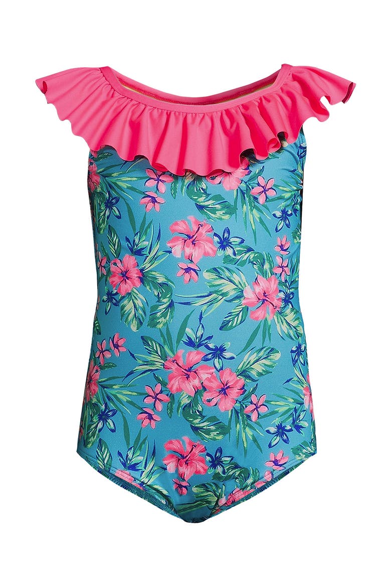 Girls Plus Size Ruffle One Piece Swimsuit, Alternate, color, Turquoise Rosella Floral