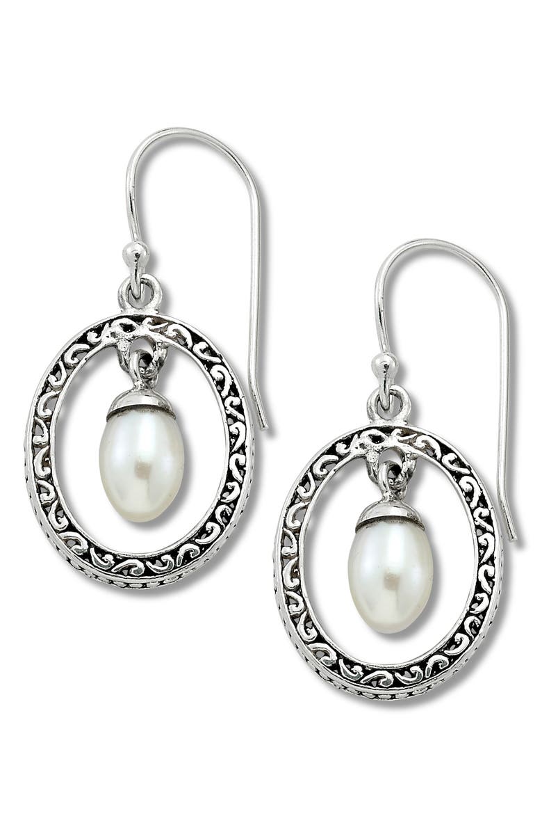 SAMUEL B. Sterling Silver Open Oval & 5.5mm Pearl Drop Dangle Earrings, Main, color,
