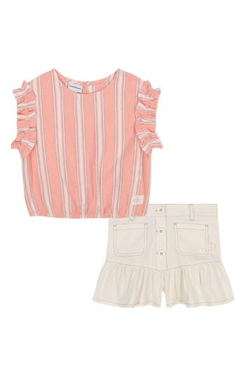 Calvin Klein Kids' Stripe Top & Ruffle Shorts Set In Pink