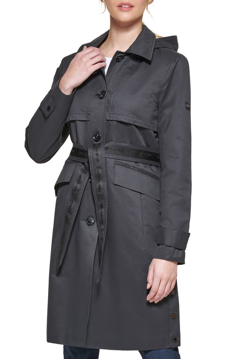 KARL LAGERFELD PARIS Logo Tape Cotton Blend Trench Coat with Removable Hood, Main, color,