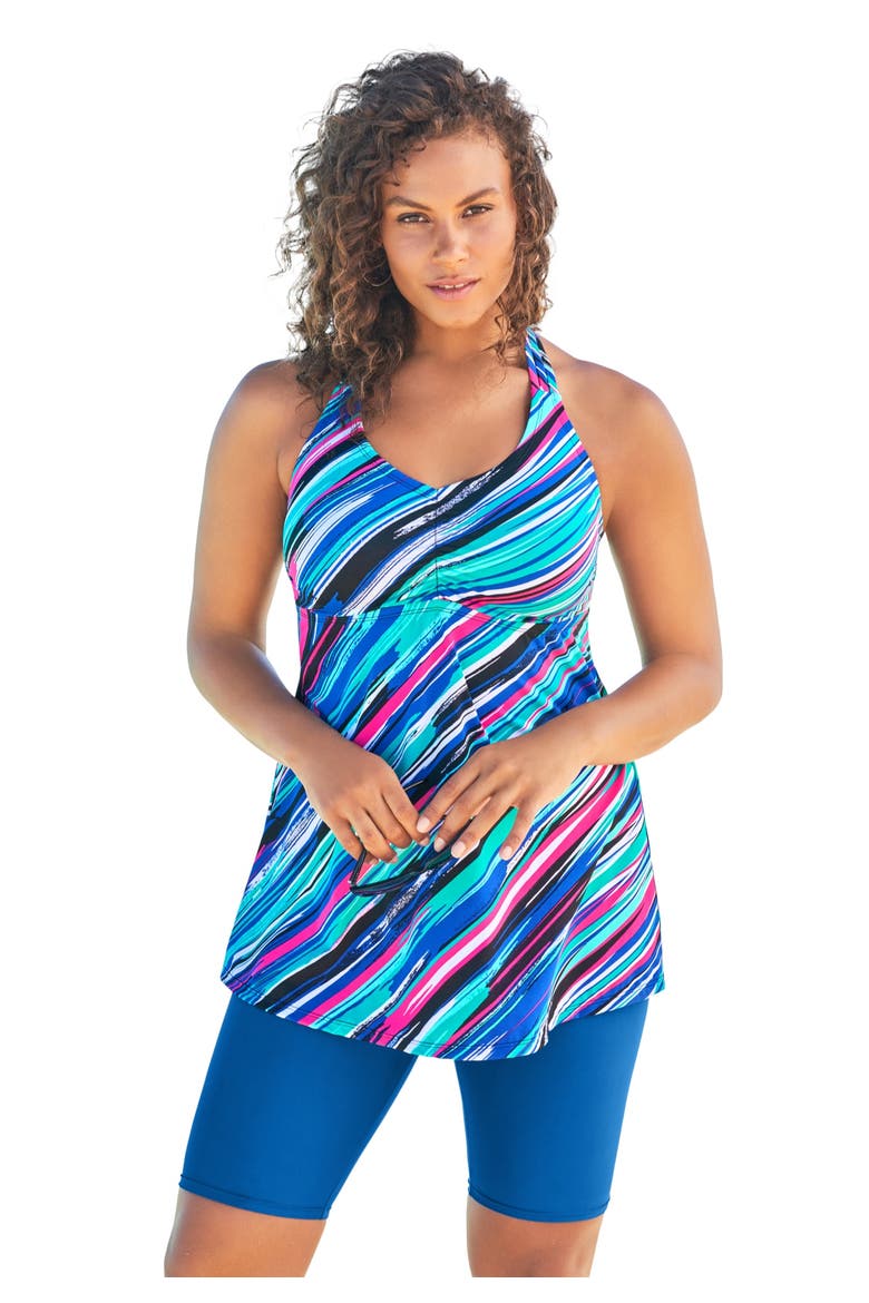Longer-Length Ruched V-Neck Braided Racerback Tankini Top, Main, color, BERRY TURQ STRIPE