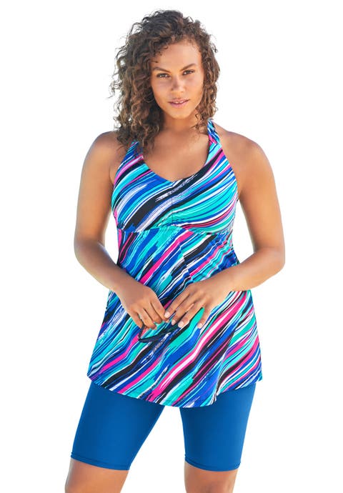 Longer-Length Ruched V-Neck Braided Racerback Tankini Top (Plus)