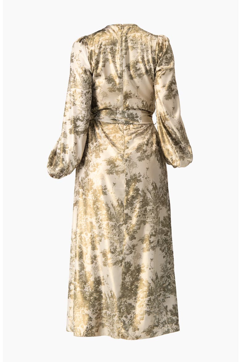 Botanical Print Satin, Long Sleeve Belted Keyhole Midi Dress, Alternate, color, Olive Green