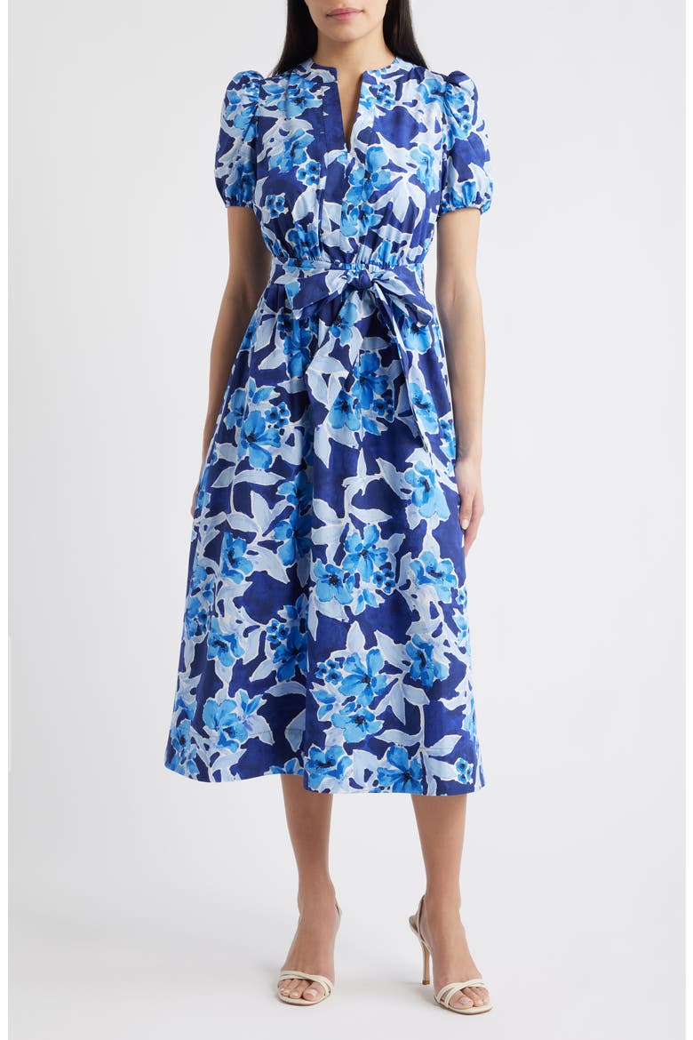 Floral Belted Puff Sleeve Cotton Midi Dress, Main, color, SANTORINI BLUE MULTI
