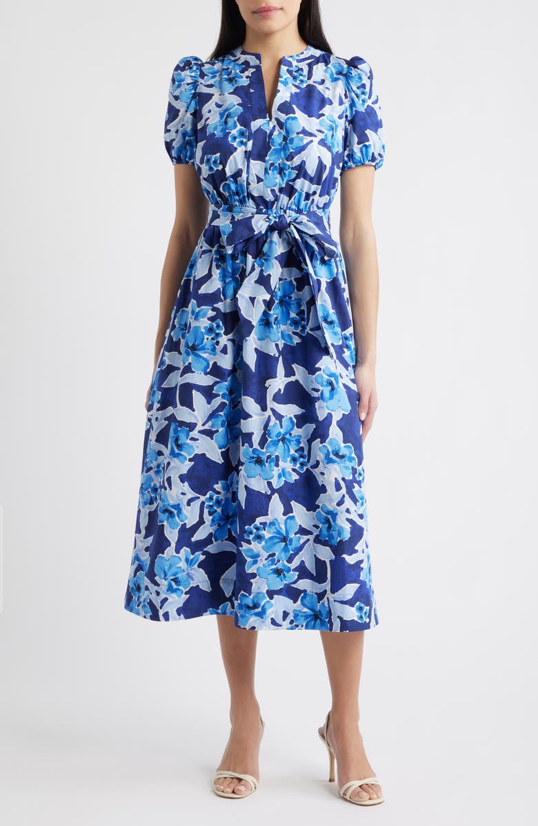 Anne Klein Floral Belted Puff Sleeve Cotton Midi Dress, Main, color, Santorini Blue