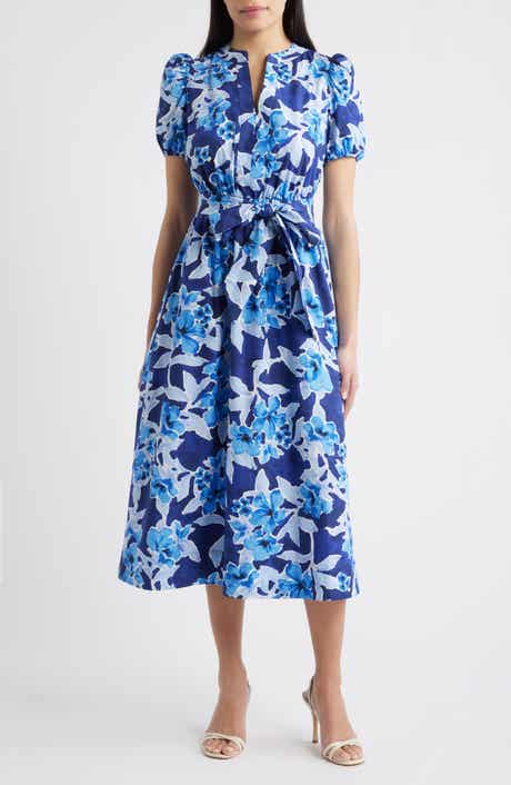 Floral Belted Puff Sleeve Cotton Midi Dress