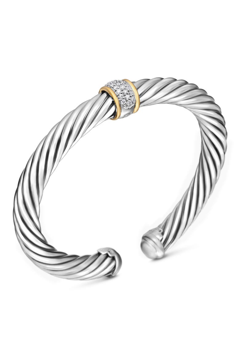Classic Cable Station Bracelet in Sterling Silver with 18K Yellow Gold and Pavé Diamonds, 7mm, Alternate, color, SILVER WITH 18K GOLD/DIAMOND