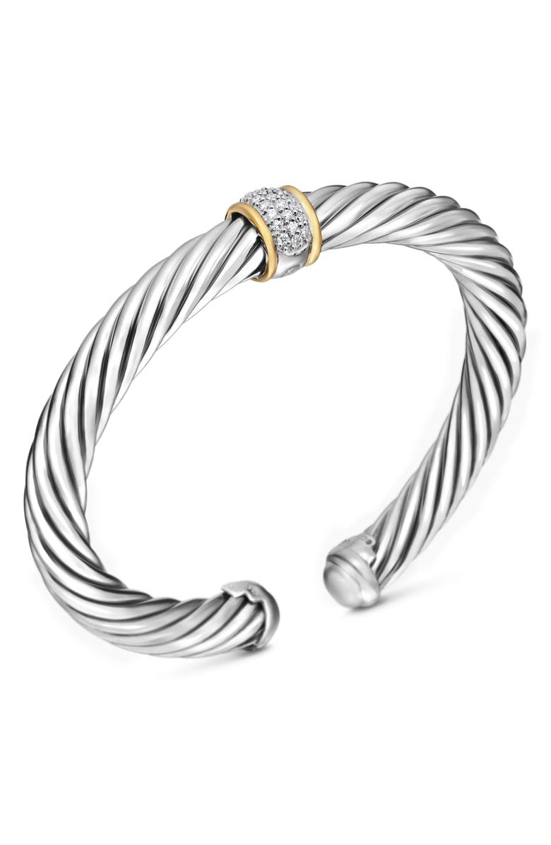David Yurman Classic Cable Station Bracelet in Sterling Silver with 18K Yellow Gold and Pavé Diamonds, 7mm, Alternate, color, Silver With 18K Gold/Diamond
