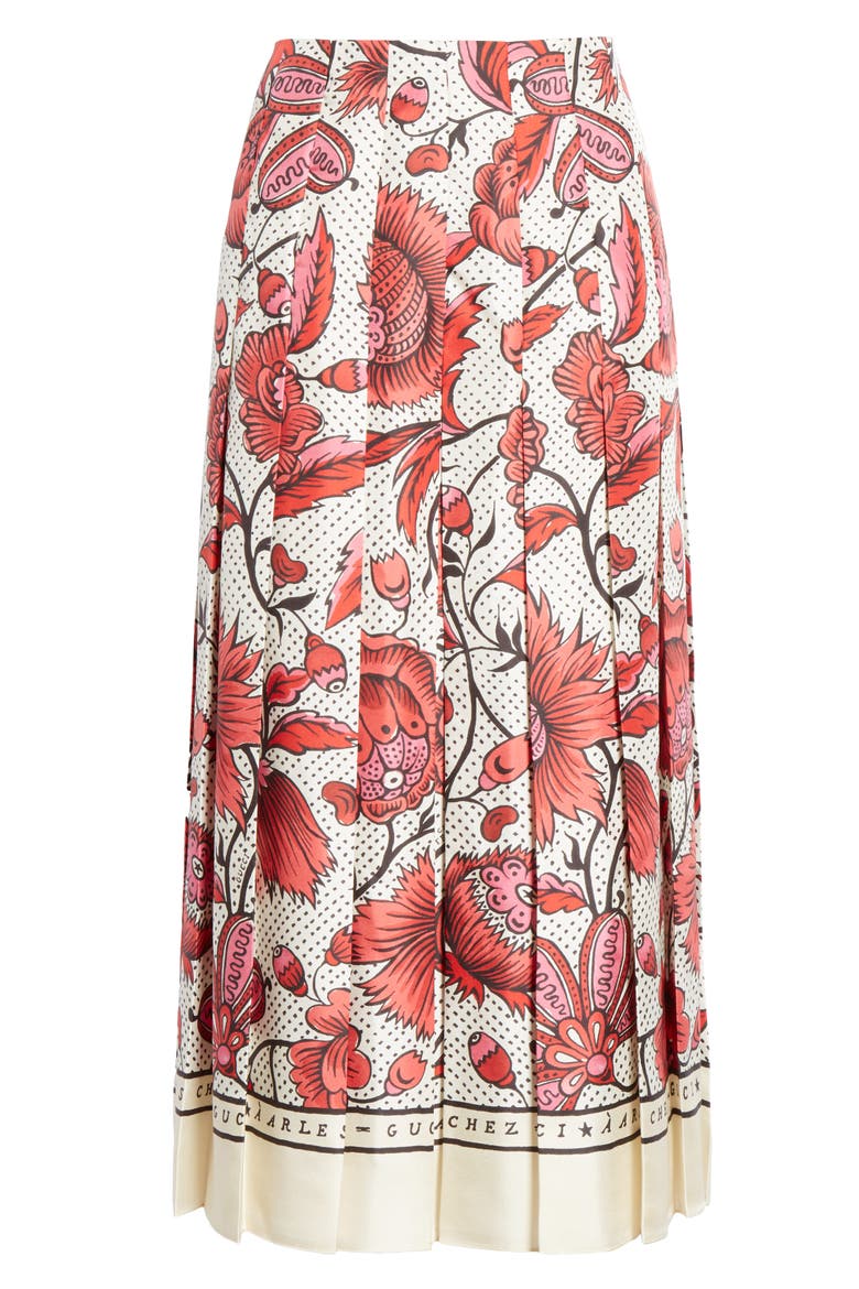 Watercolor Floral Print Pleated Silk Twill Midi Skirt, Alternate, color, FUCHSIA/ IVORY PRINT
